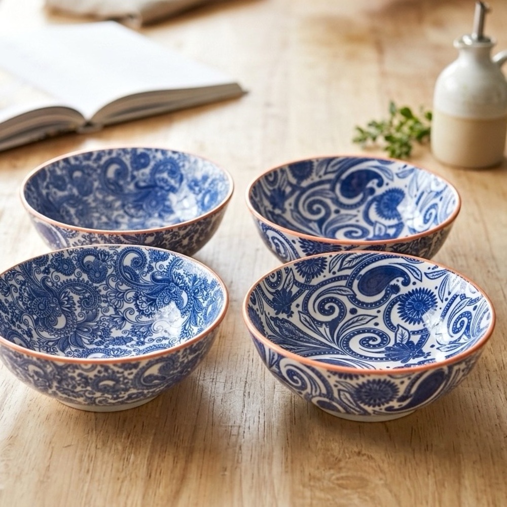 Ooh La La by BIA Cordon Bleu Paisley Floral Orange Rim Porcelain Bowls Set of 4 - Picture 8 of 8